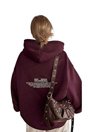 سويت شيرت بغطاء للرأس باللون العنابي مقاس كبير للجنسين