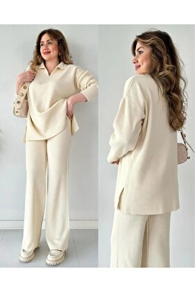 بدلة تريكو نسائية بلوفر وبنطلون بياقة بولو