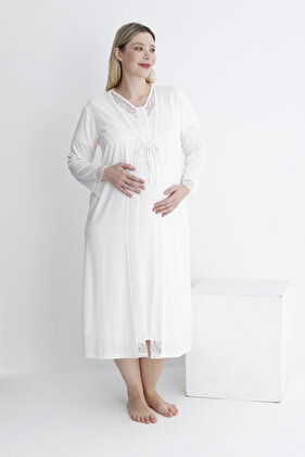 Beyaz Büyük Beden Sabahlıklı Lohusa Gecelik Takımı