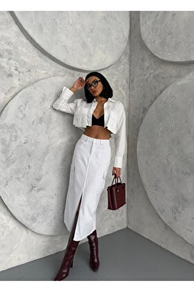 Front Slip White Skirt with Shipping Pocket