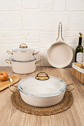 طقم أواني طهي من الجرانيت الأبيض بمقبض حديد ذهبي مكون من 9 قطع (هدية بساط تغليف محشو)