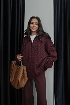 Light Burgundy Collar Zippered Hair Knit Sweater