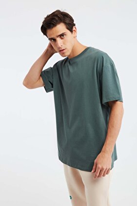 Jett Erkek Oversize Fit %100 Organik Pamuk Kalın Dokulu Bisiklet Yakalı Koyu Yeşil T-shirt