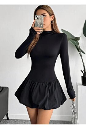 فستان نسائي قصير بياقة عالية وحاشية بالونات موسمية وشتوية