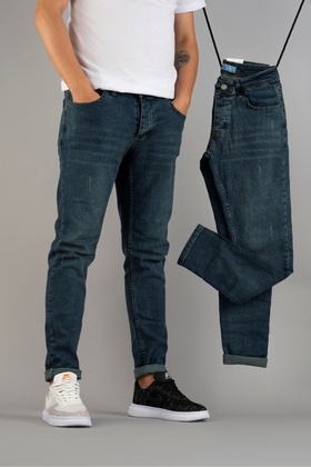 بنطلون جينز رجالي أزرق قصة ضيقة من الليكرا مع أطراف أكمام