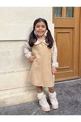 فستان جيليه شتوي برقبة على شكل حرف V للفتيات باللون البيج