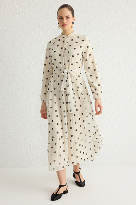 Light Beige Print Belted Stand Collar Lined Chiffon Woven Dress Tctss21El3346