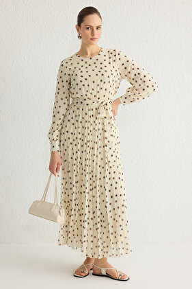 Ecru Chiffon Dress with Sash Detail and Lining - Pleated Tctss24Eb00151