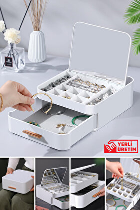 House By House Çekmeceli Aynalı Çok Bölmeli Makyaj Takı Organizer Krem