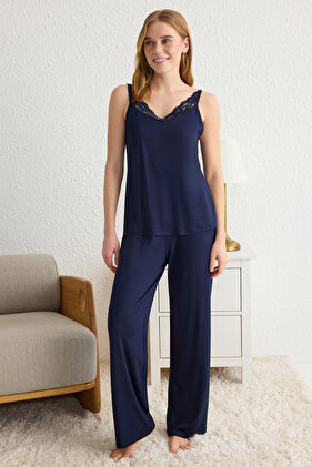 Navy Plain Single Jersey Knitted Pajamas Set Thmss25Pt00004
