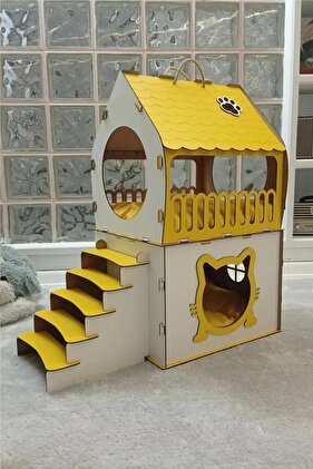 بيت القطط الخشبي المزخرف مع تراس بيت القطط المكون من طابقين مع سلالم أصفر - أبيض