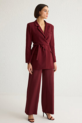 Double Breasted Cutout Burgundy Belted Blazer Jacket - Lined, Woven, Twoaw21Ce0320