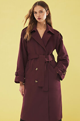 سترة واقية من الرياح باللون العنابي، معطف طويل كبير الحجم - TWOSS21TR0005