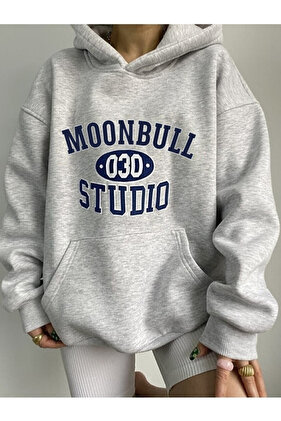 Studıo Baskılı Gri Kapüşonlu Oversize Sweatshirt
