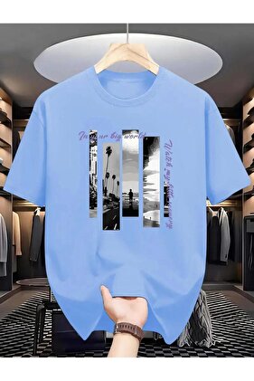 Big Wolt Baskılı Unisex Comfortable Kalıp Pamuk Penye Mavi T-shirt