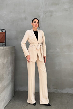 Damski zestaw marynarki i spodni z podwójnym paskiem