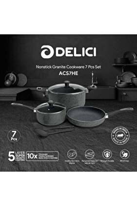 طقم أواني طهي من الجرانيت مكون من 7 قطع | مقلاة 24 سم، قدر 24 سم مع غطاء، قدر حليب 18 سم | غير لاصق