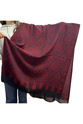 شال كشمير 100% بنمط عرقي باللون الأحمر