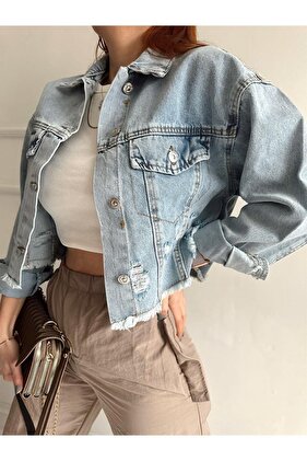 Buz Mavi Lazerli Kot Ceket