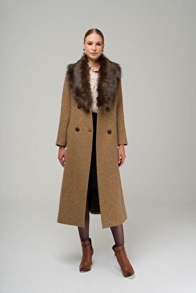 معطف متعرج مزدوج الصدر مع ياقة فرو قابلة للفصل KAMEL 3937