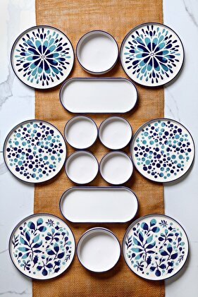 Blue Ethnic Breakfast Set for 6 People - 14 Piece Luxury Presentation Set Plate