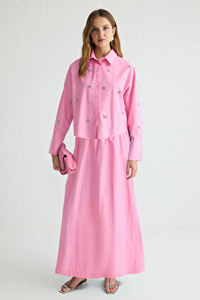 Ružičasta tkana pamučna duga suknja TCTSS25EE00001