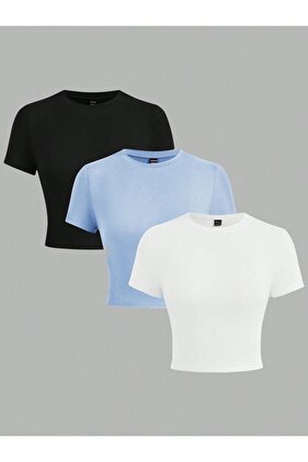 تي شيرت نسائي محبوك من القطن بنسبة 100% برقبة دائرية مكون من 3 قطع