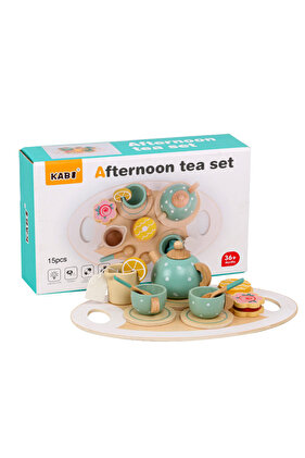 422479 مجموعة أدوات مائدة حفل الشاي المصنوعة يدويًا من الخشب، مجموعة ألعاب المطبخ التظاهرية للأطفال الصغار وأعياد الميلاد