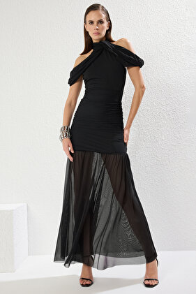 فستان سهرة أنيق محبوك من التول باللون الأسود فستان التخرج الليلي TPRSS25AE00028