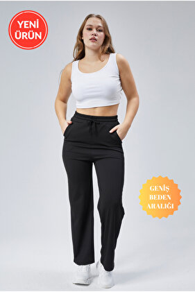Curve Kadın Siyah Çift Cepli Beli Lastikli Boru Paça Fitilli Tayt Eşofman Altı
