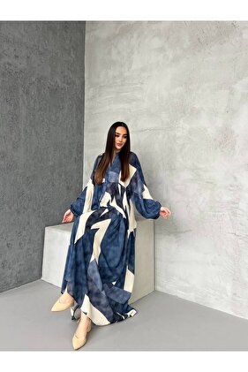 فستان فيسكوز منقوش باللون الأزرق الداكن