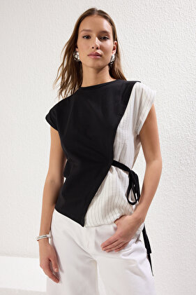 Crna * KSNUMKS Opuštena / udobna pletena bluza sa naborima i kravatom Detalji TWOSS25BZ00094