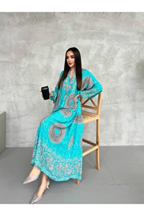 فستان فيسكوز منقوش باللون الفيروزي للموسم الجديد