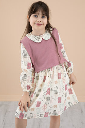 فستان بناتي منقوش بأكمام طويلة مع سترة وردية 20220