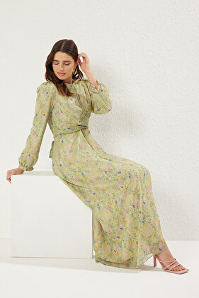 Green Double Breasted Tied Chiffon Lined Woven Floral Dress Tctss25Eb00072