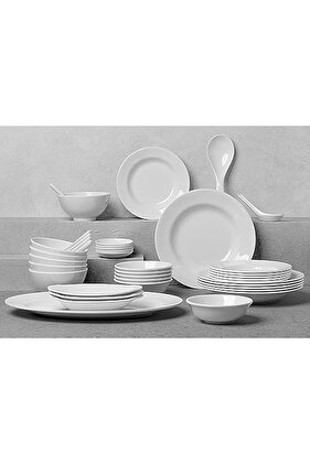 طقم عشاء ميلامين مكون من 40 قطعة لستة أشخاص، أبيض، آمن للاستخدام في الميكروويف وغسالة الأطباق