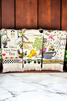 مجموعة من 3 مناشف مطبوعة مقاس 40 × 60 سم - منشفة لليد والوجه، منشفة مطبخ، قاعدة خشبية