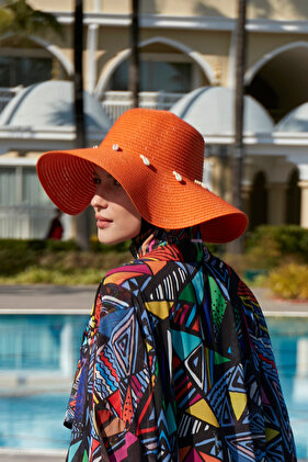 Straw Hat with Seashell Orange Rş-54