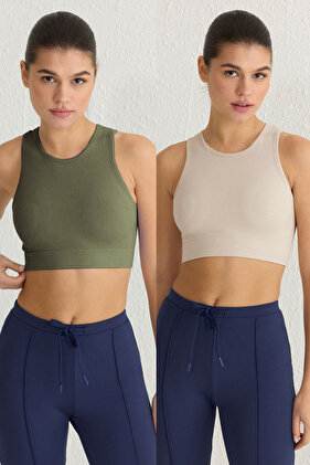 Khaki-Stone 2-Piece Seamless/Seamless Light Support/Shaping Knitted Sports Bra TWOSS22SS00000