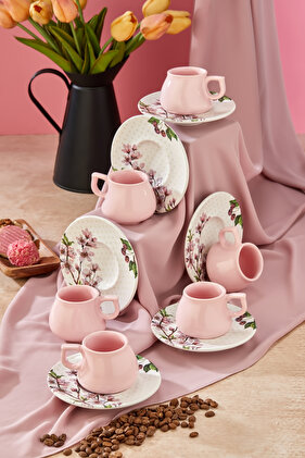 غلاية سيراميك فاخرة مكونة من 12 قطعة - طقم فناجين قهوة باللون الوردي الكرز لـ 6 أشخاص