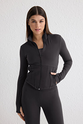 سترة رياضية/سويت شيرت محبوك من القماش الناعم مع فتحة للإبهام من أنثراسيت THMAW25SK00001