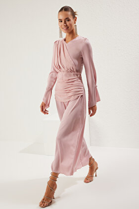 فستان طويل منسوج باللون الوردي المجفف/Drape TPRSS25EL00144