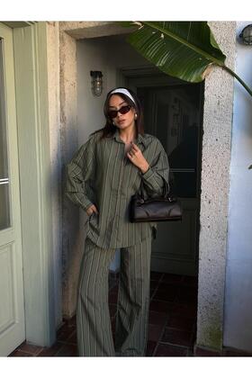 Women's Green Striped Wide Cut Viscose Fabric Shirt and Pants Bottom/Top Suit 29046