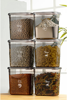 طقم أوعية تخزين Peggy طويلة مستطيلة الشكل من 6 قطع مع ملصقات مطبوعة باللون الأبيض بسعة 2 لتر باللون الفحمي الشفاف