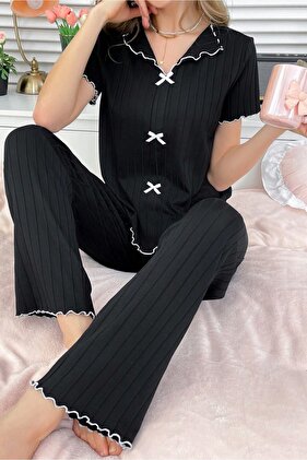 Pamuklu Siyah Fitilli Mevsimlik Kadın Pijama Takımı
