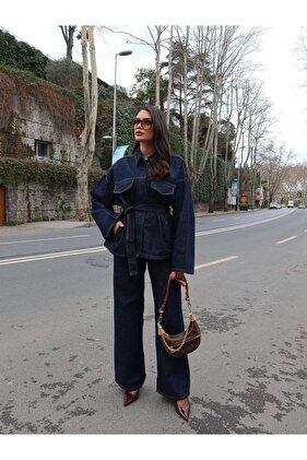 Placket Lapel Denim Shirt Pants Set