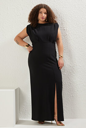 Schwarzes, ärmelloses, geschlitztes, gewebtes Abendkleid/Abschlussballkleid/Verlobungskleid/Nachtkleid in Übergröße TBBSS25AH00052