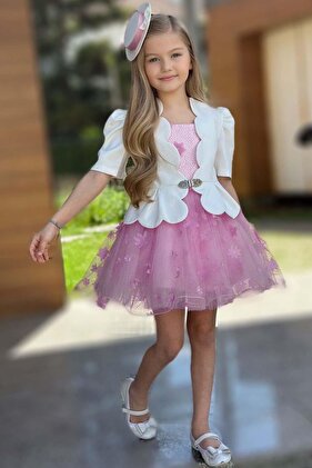 سترة بليزر ذات حواف غير متماثلة للفتيات باللون الوردي مع تفاصيل زهور وتفاصيل لامعة