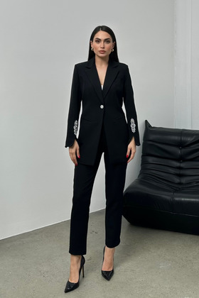 Steindetailliertes Damen-Blazer- und Hosen-Set – Paspelbein