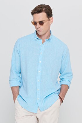 قميص رجالي من الكتان باللون الفيروزي - مقاس مريح، ياقة بأزرار، مقاس مريح